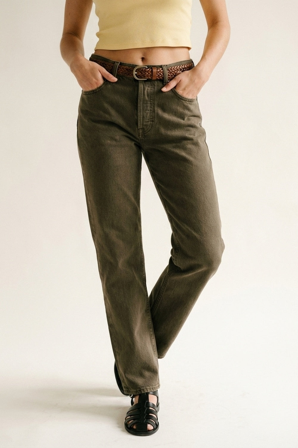 High-Rise Straight-Leg Denim Jeans in Khaki