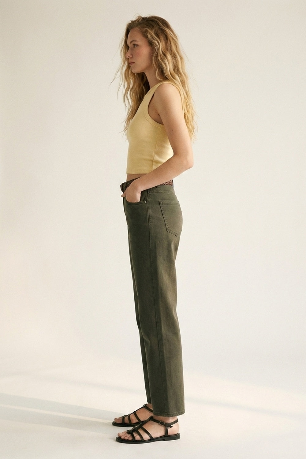 High-Rise Straight-Leg Denim Jeans in Khaki