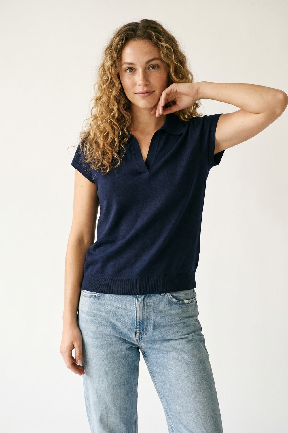 Navy Fine Knit Short Sleeve Polo