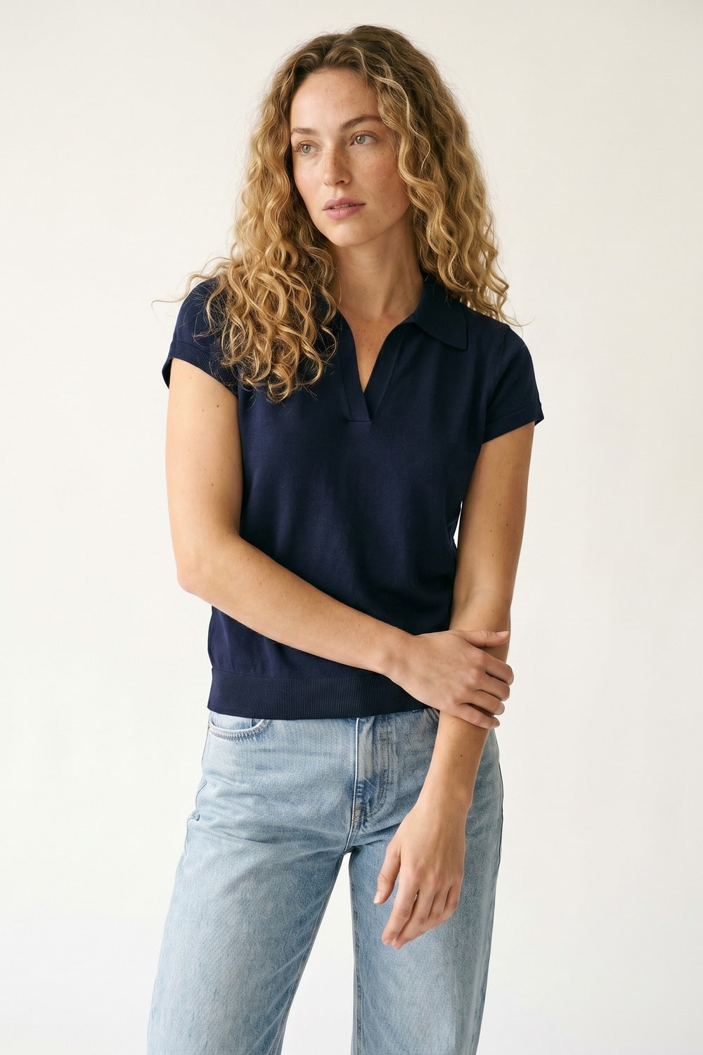 Navy Fine Knit Short Sleeve Polo