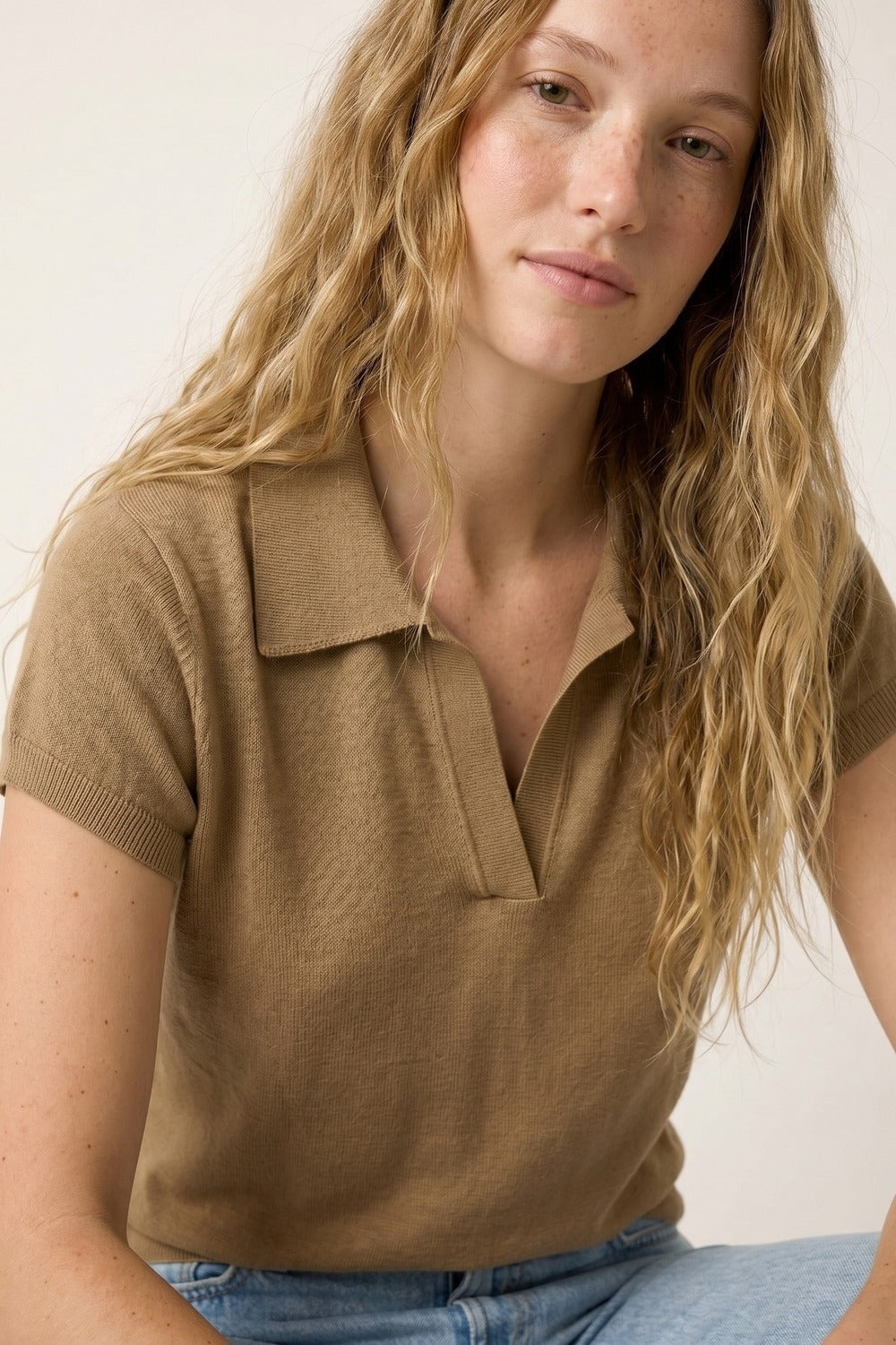 Camel fine Knit Polo Top with Short Sleeves