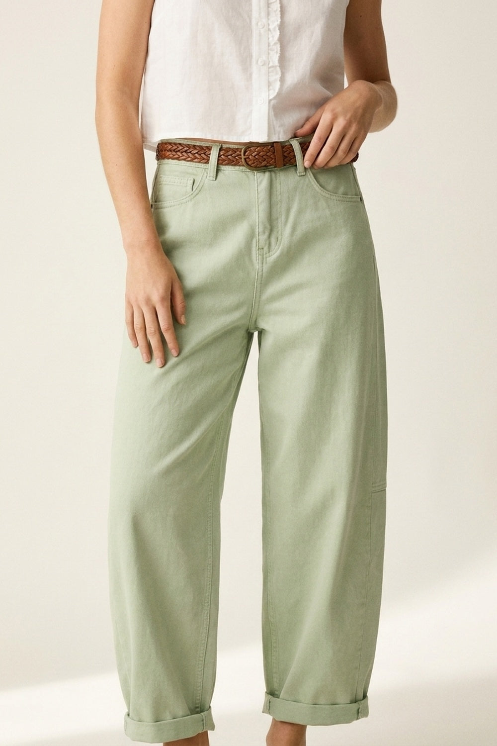 Light Green Wide-Leg Cotton Casual Pants  in Barrel Style