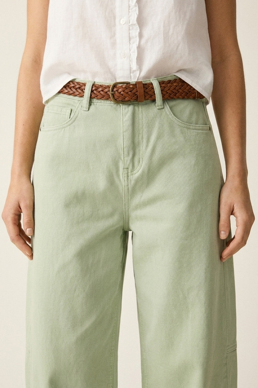 Light Green Wide-Leg Cotton Casual Pants  in Barrel Style