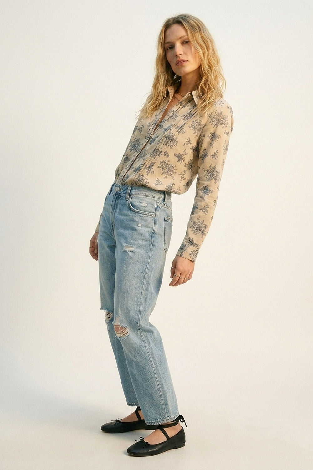 Beige Floral Printed Button-Up Shirt with chrochet Detail
