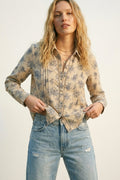 Beige Floral Printed Button-Up Shirt with chrochet Detail