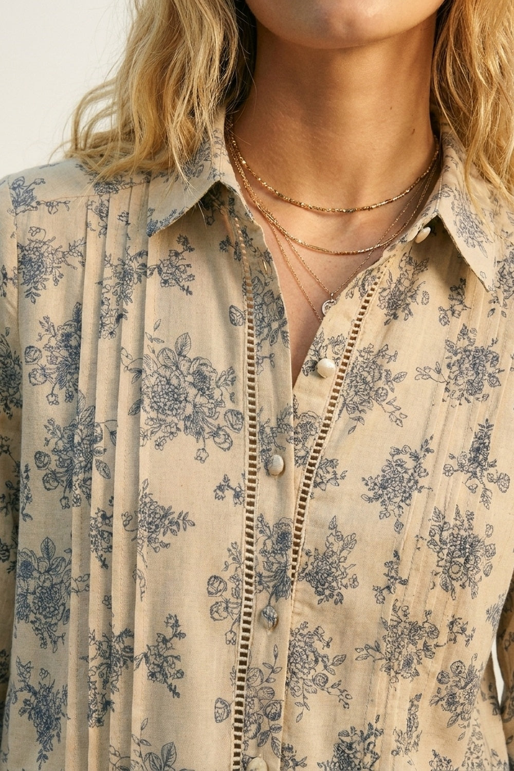 Beige Floral Printed Button-Up Shirt with chrochet Detail