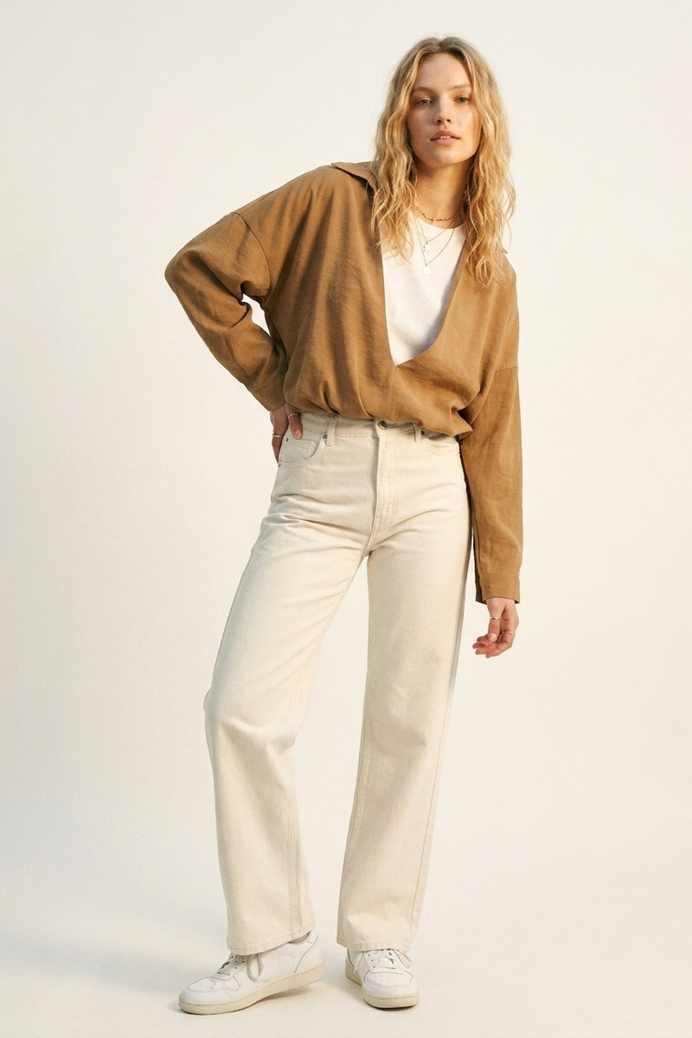 Camel Lightweight Textured Shirt and white t-shirt inside