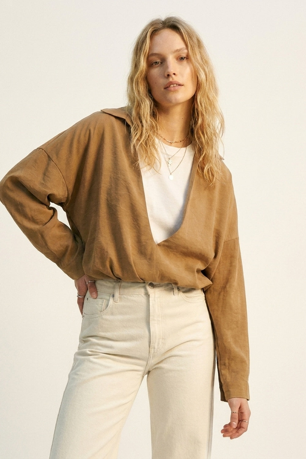 Camel Lightweight Textured Shirt and white t-shirt inside
