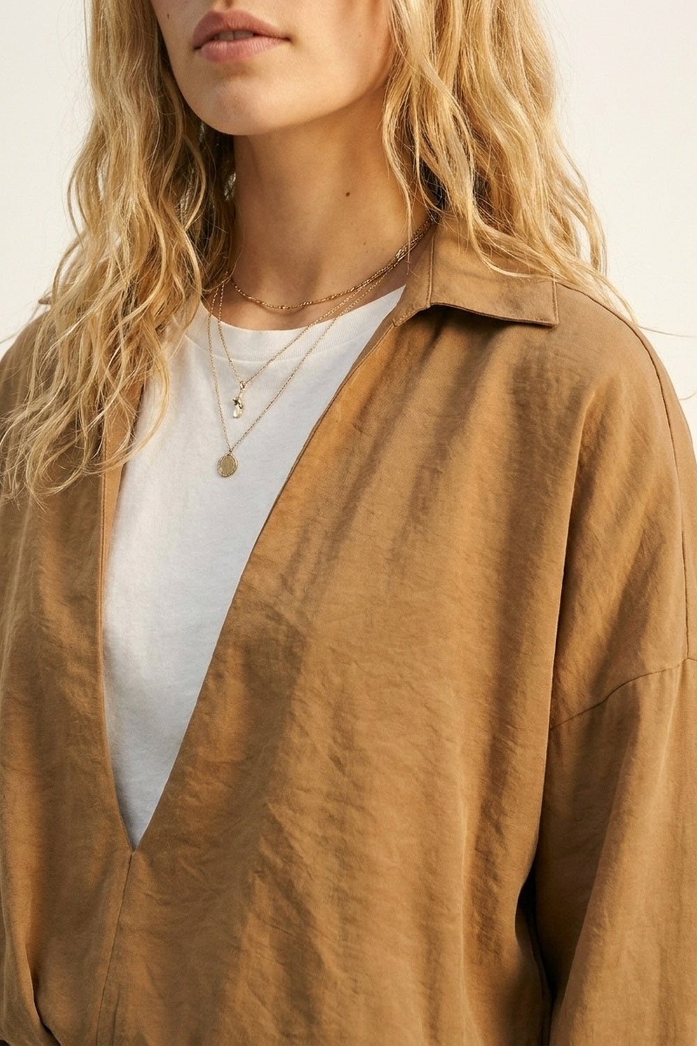 Camel Lightweight Textured Shirt and white t-shirt inside