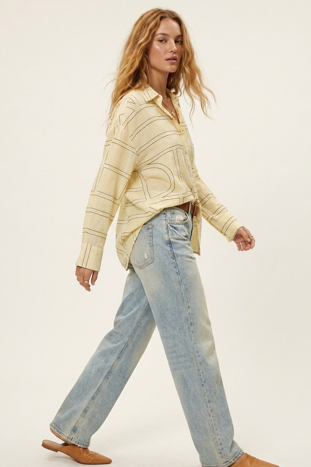 Beige Geometric Pattern Button-Down Shirt