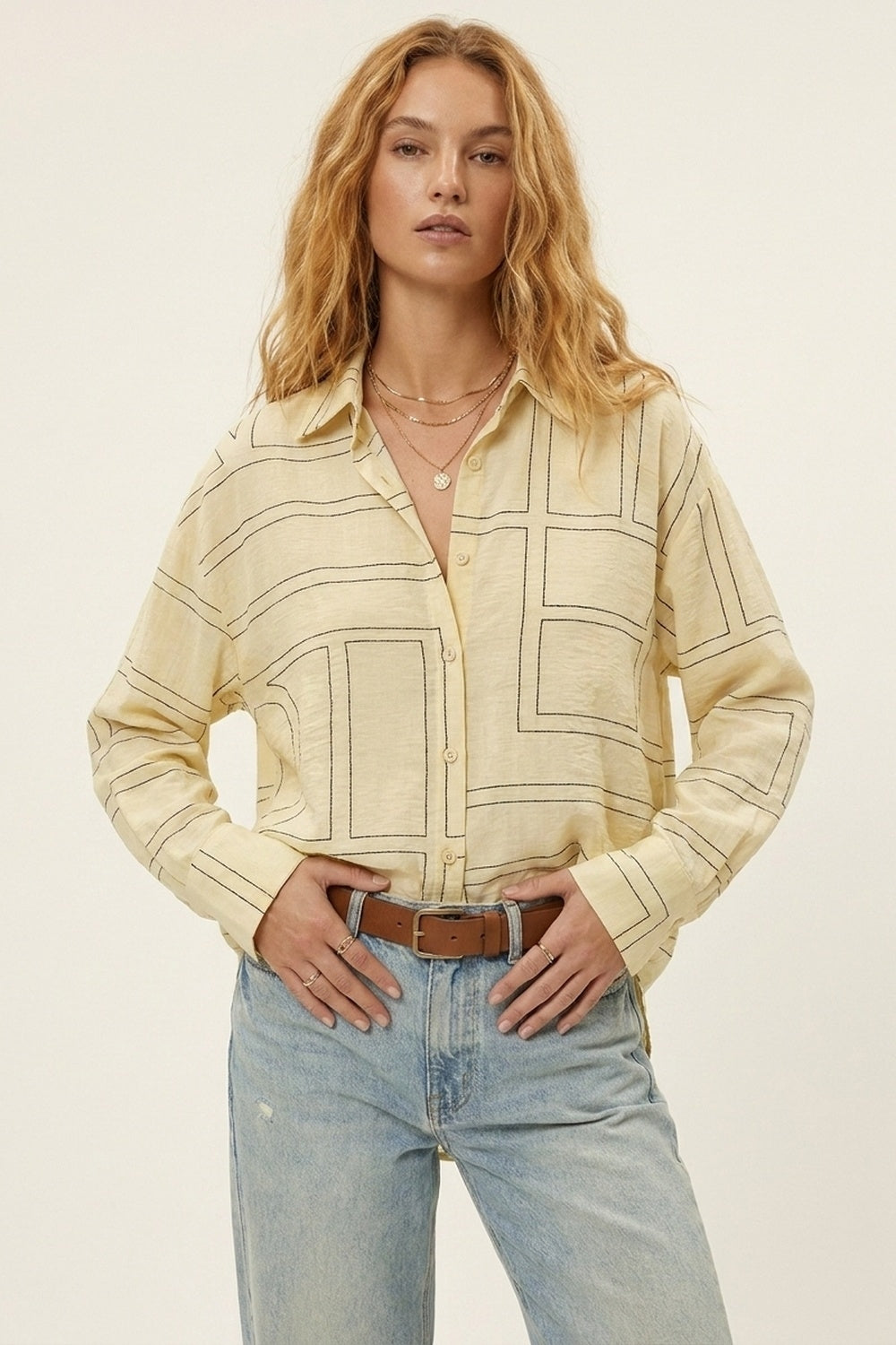 Beige Geometric Pattern Button-Down Shirt