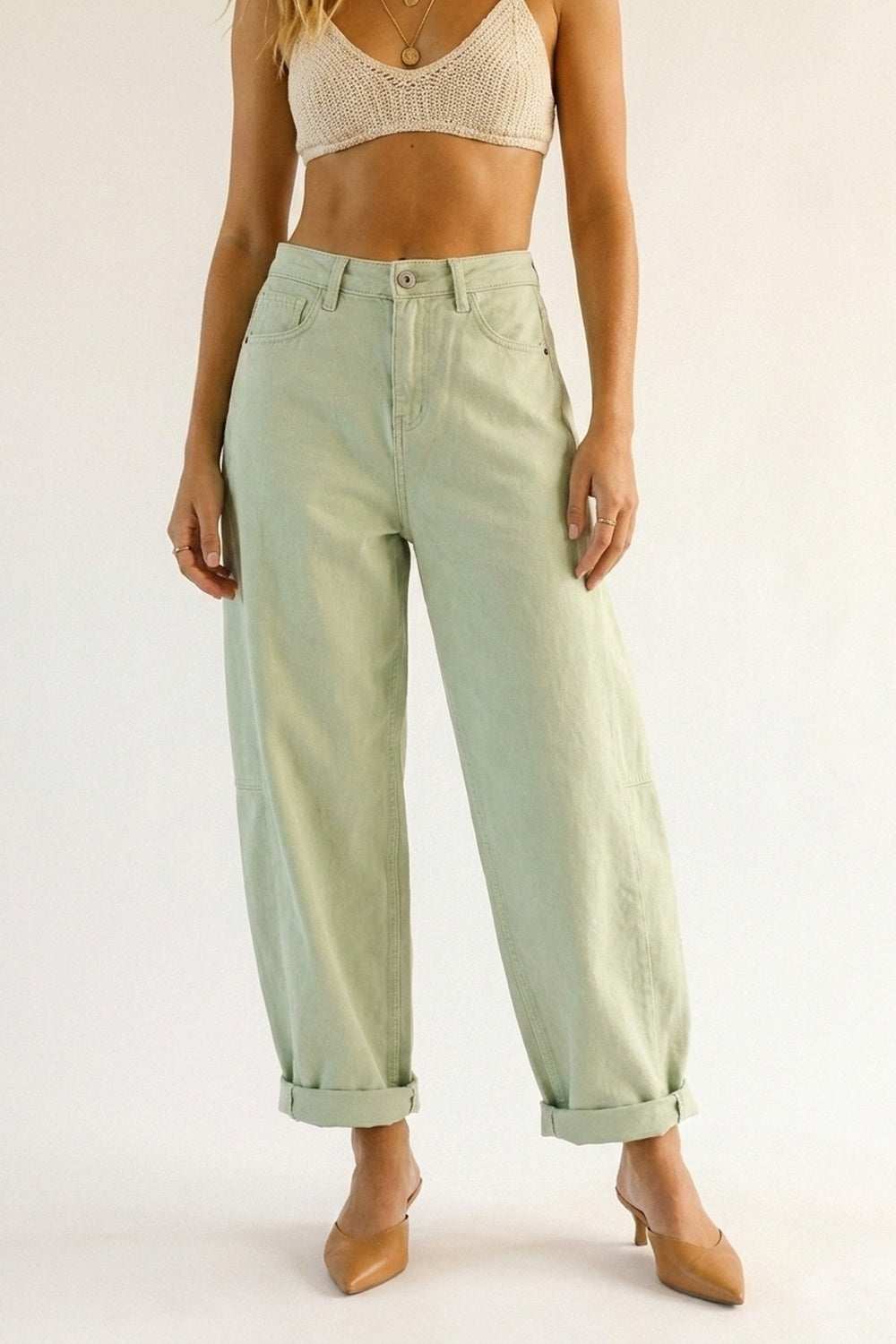Light Green Wide-Leg Cotton Casual Pants  in Barrel Style