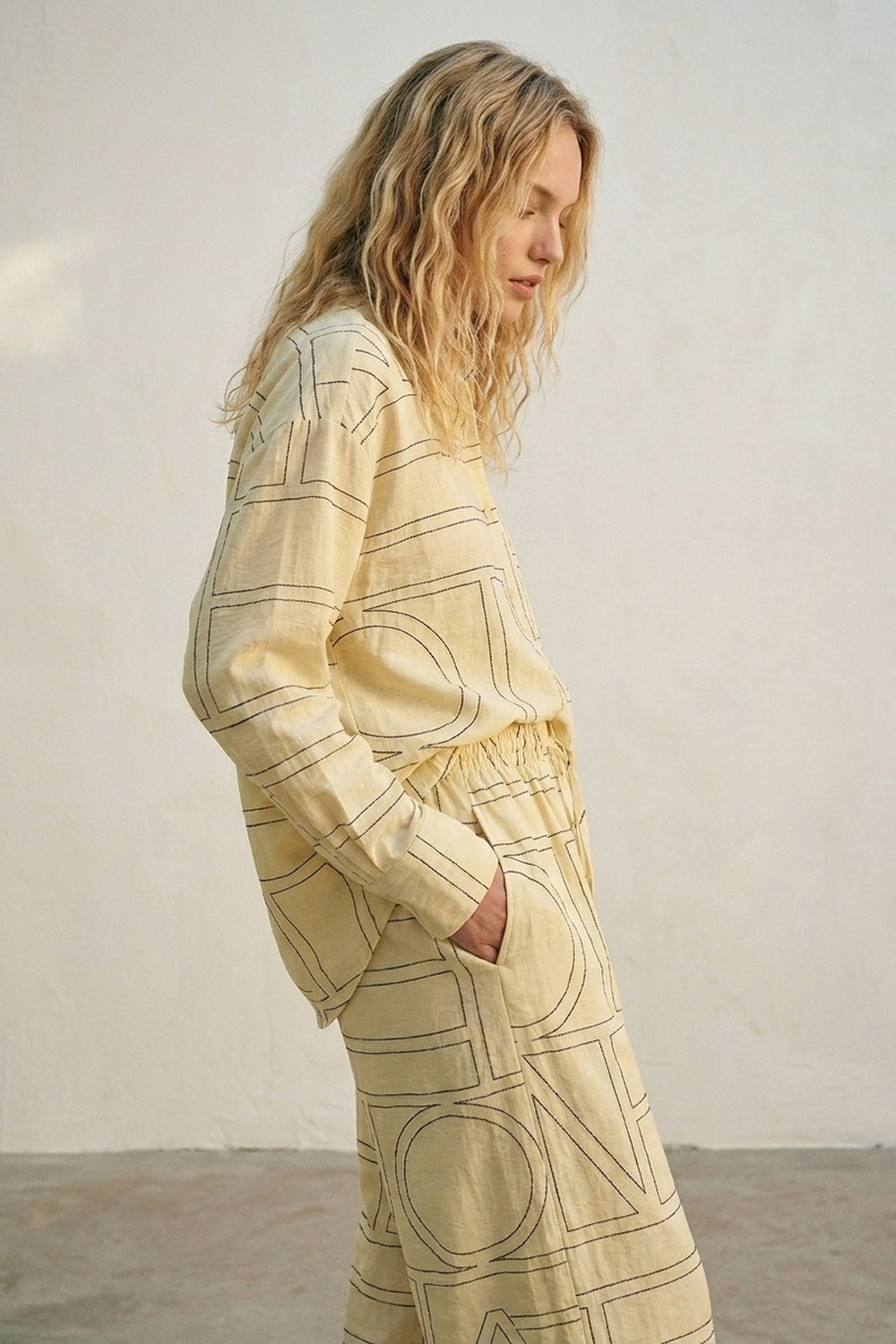 Beige Geometric Pattern Button-Down Shirt