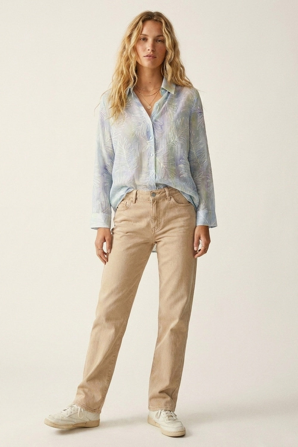 Light Blue Sheer Leaf Print Button-Up Shirt with translucent fabric