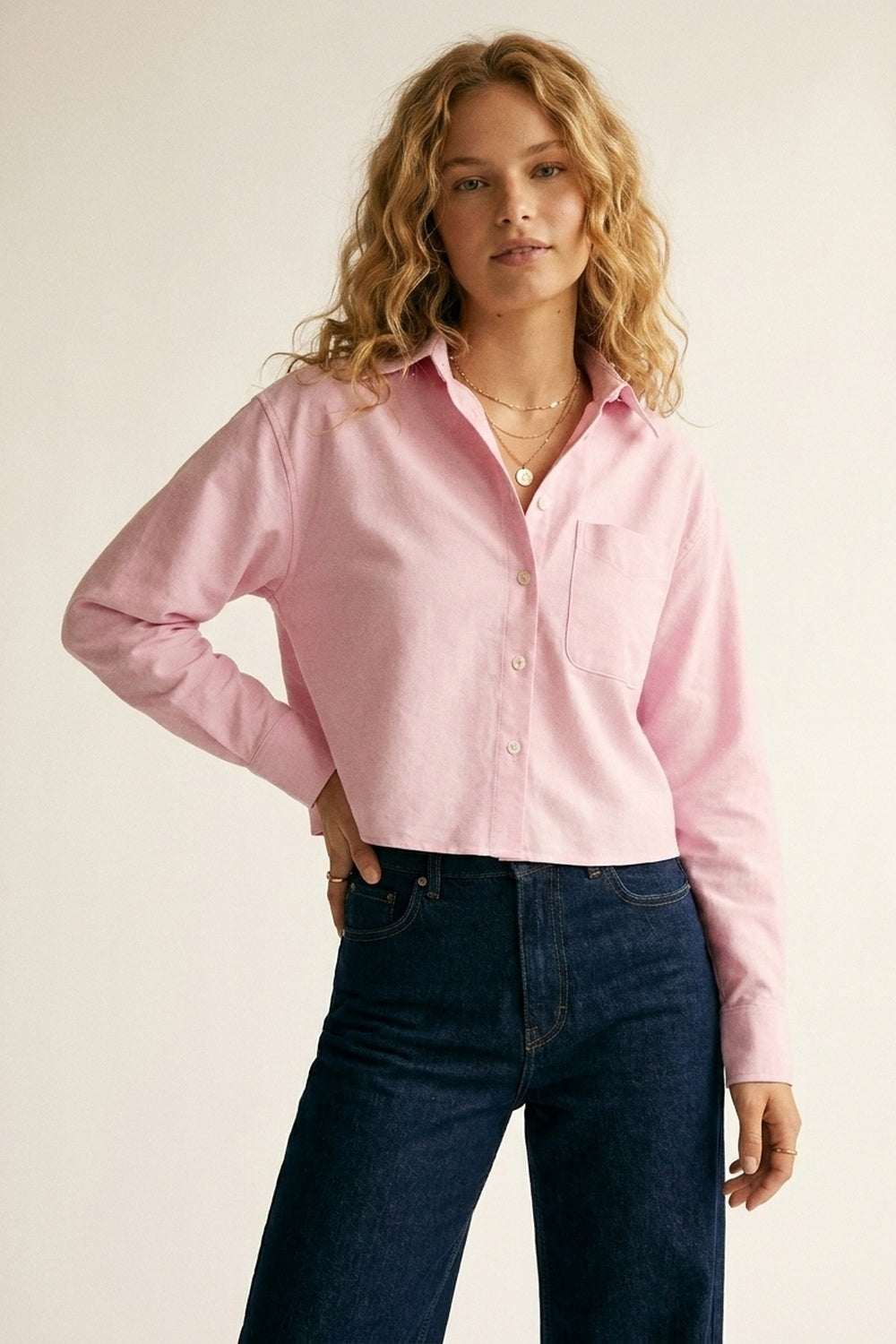 Pink Button-Up Cropped Shirt with Collar