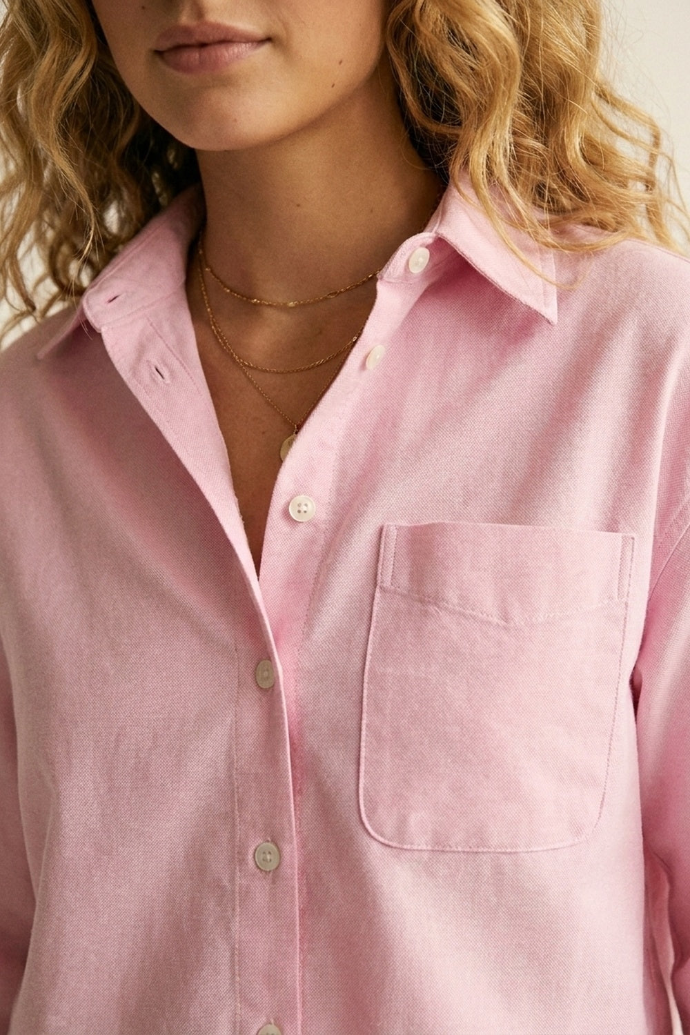 Pink Button-Up Cropped Shirt with Collar
