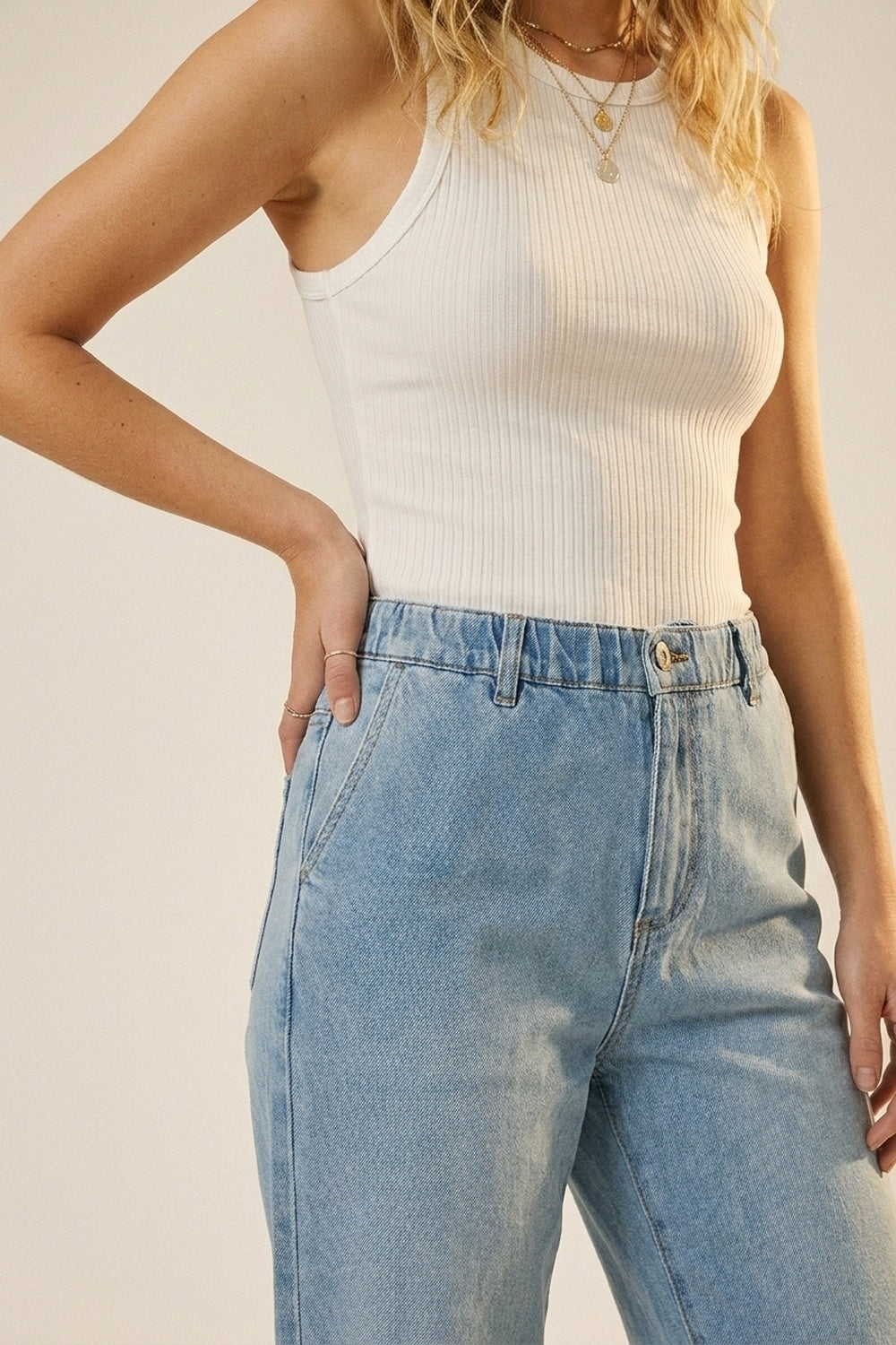 Relaxed Fit Light Wash Elastic Waist Denim Jeans