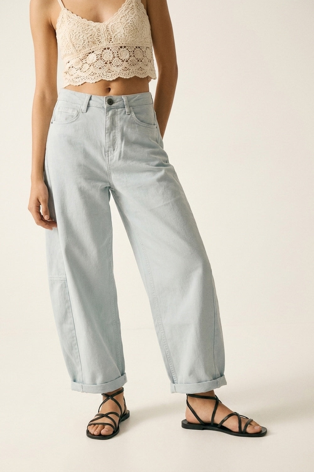 Light Blue Wide-Leg lightweight Cotton Pants in Barrel Style