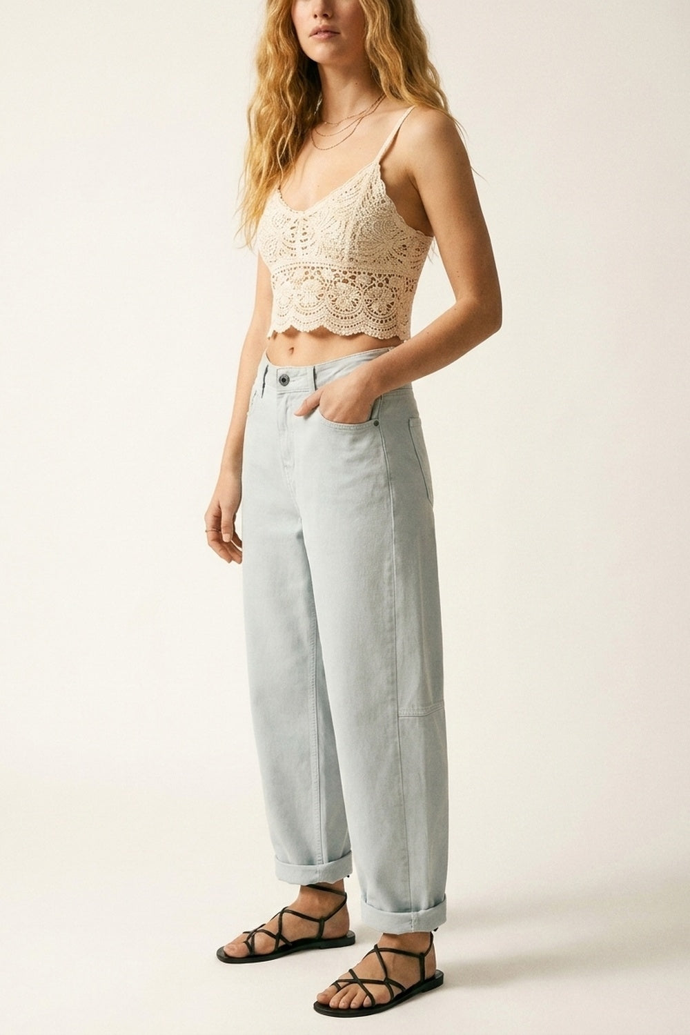 Light Blue Wide-Leg lightweight Cotton Pants in Barrel Style