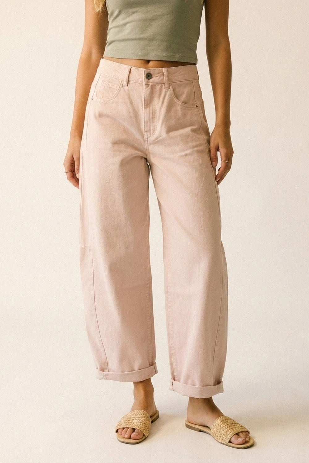 Light Pink Wide-Leg Barrel style Pants with Rolled Hems