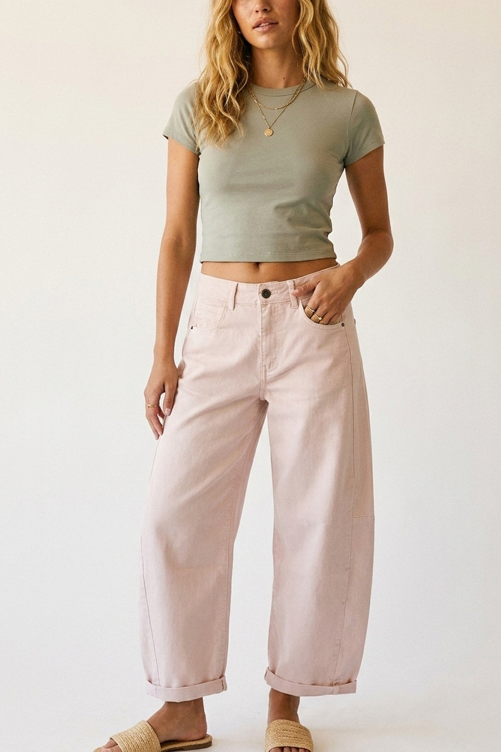 Light Pink Wide-Leg Barrel style Pants with Rolled Hems