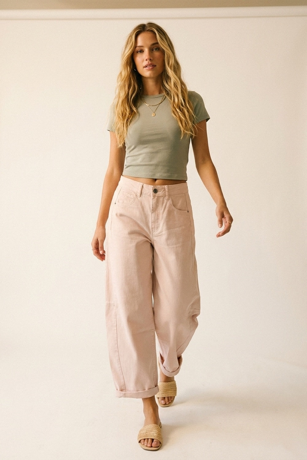 Light Pink Wide-Leg Barrel style Pants with Rolled Hems