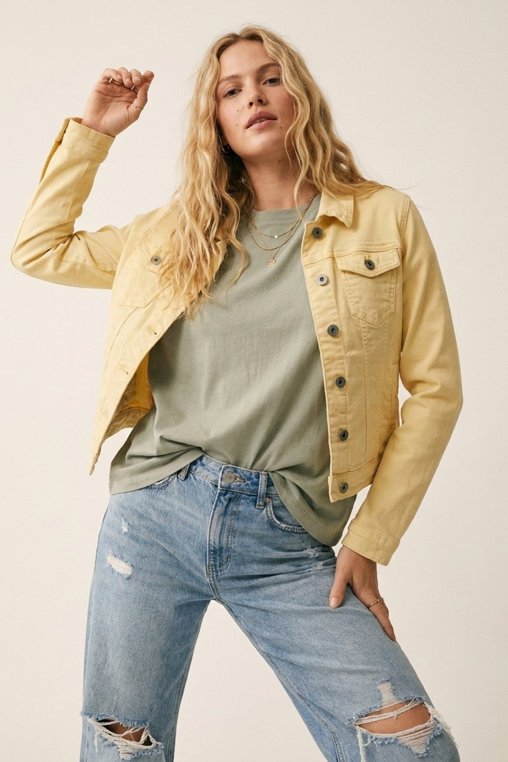 UNIKCOSA Butter Yellow Denim Jacket with Button-Front