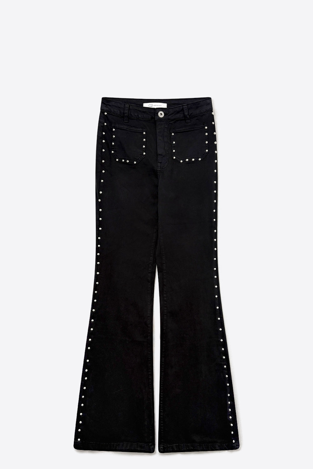 UNIKCOSA Black Studded Flare Jeans With Front Pocket Detail