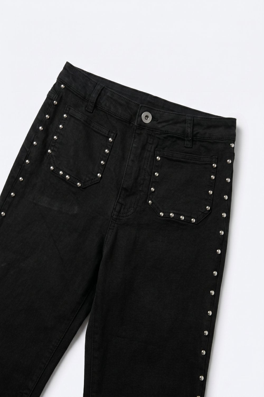 UNIKCOSA Black Studded Flare Jeans With Front Pocket Detail