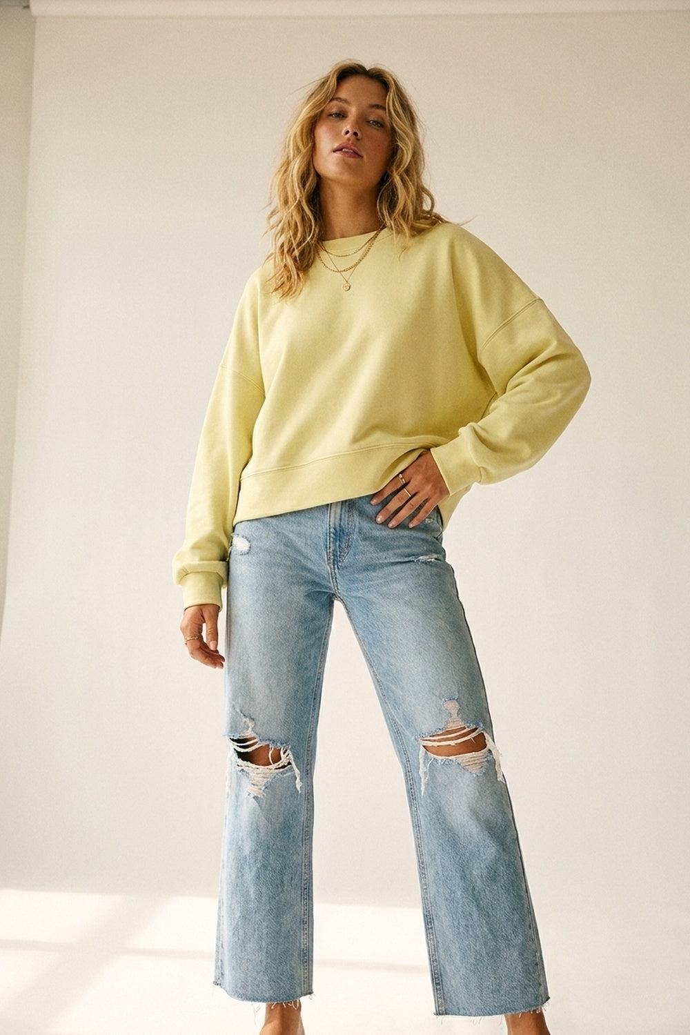 Crew Neck Dropped Shoulder Basic Sweatshirt in yellow