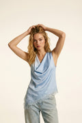 Baby Blue Satin Draped Asymmetric Hem Top