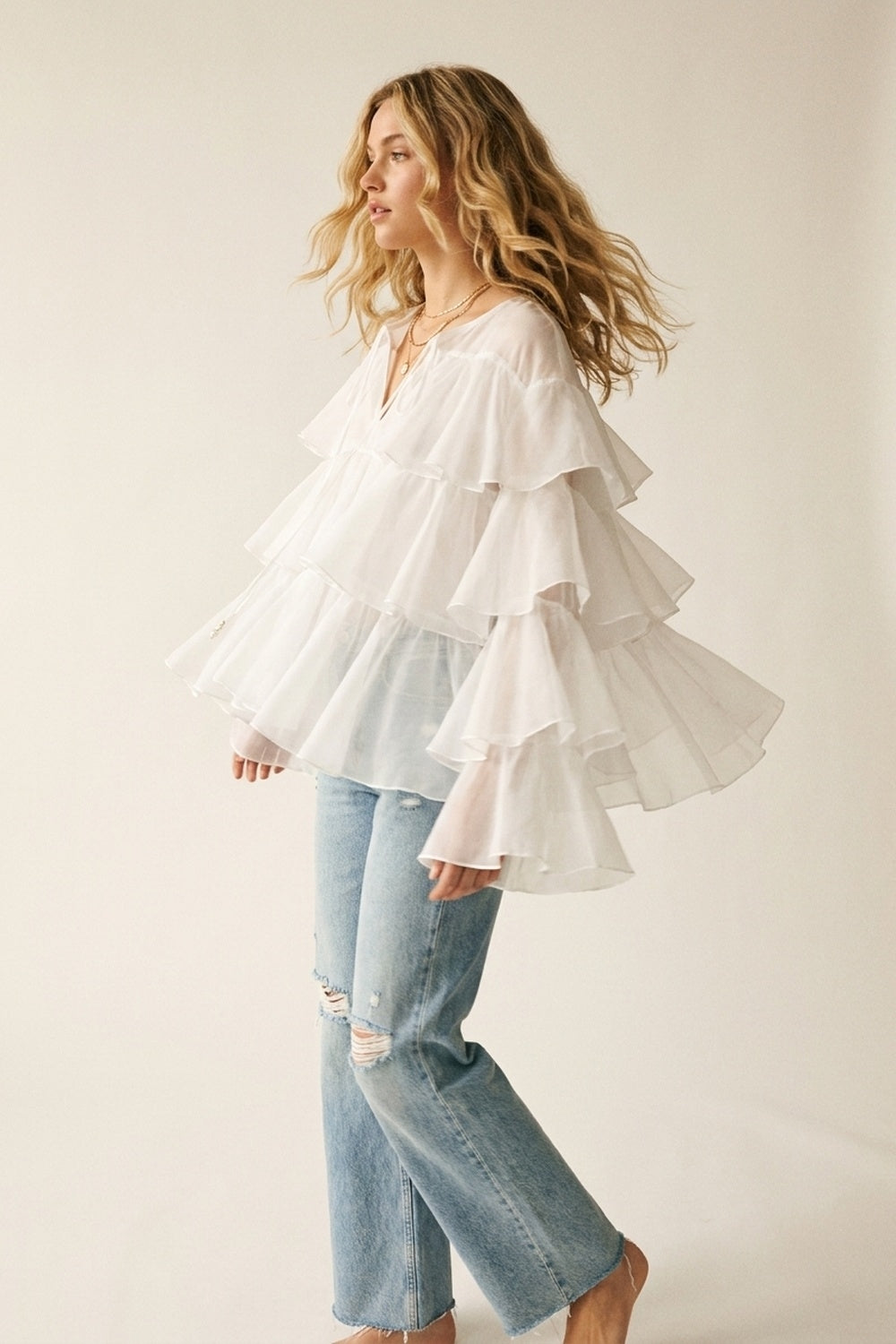 White Tiered Ruffle Peplum Blouse with Tie Neck