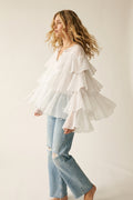 White Tiered Ruffle Peplum Blouse with Tie Neck