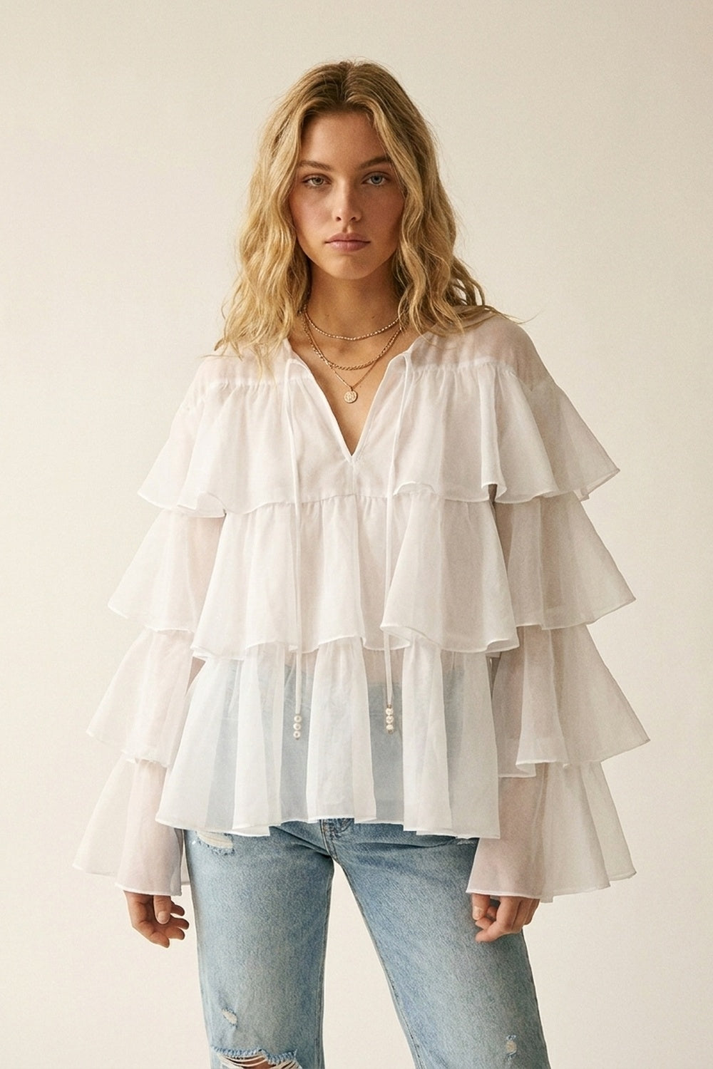 White Tiered Ruffle Peplum Blouse with Tie Neck