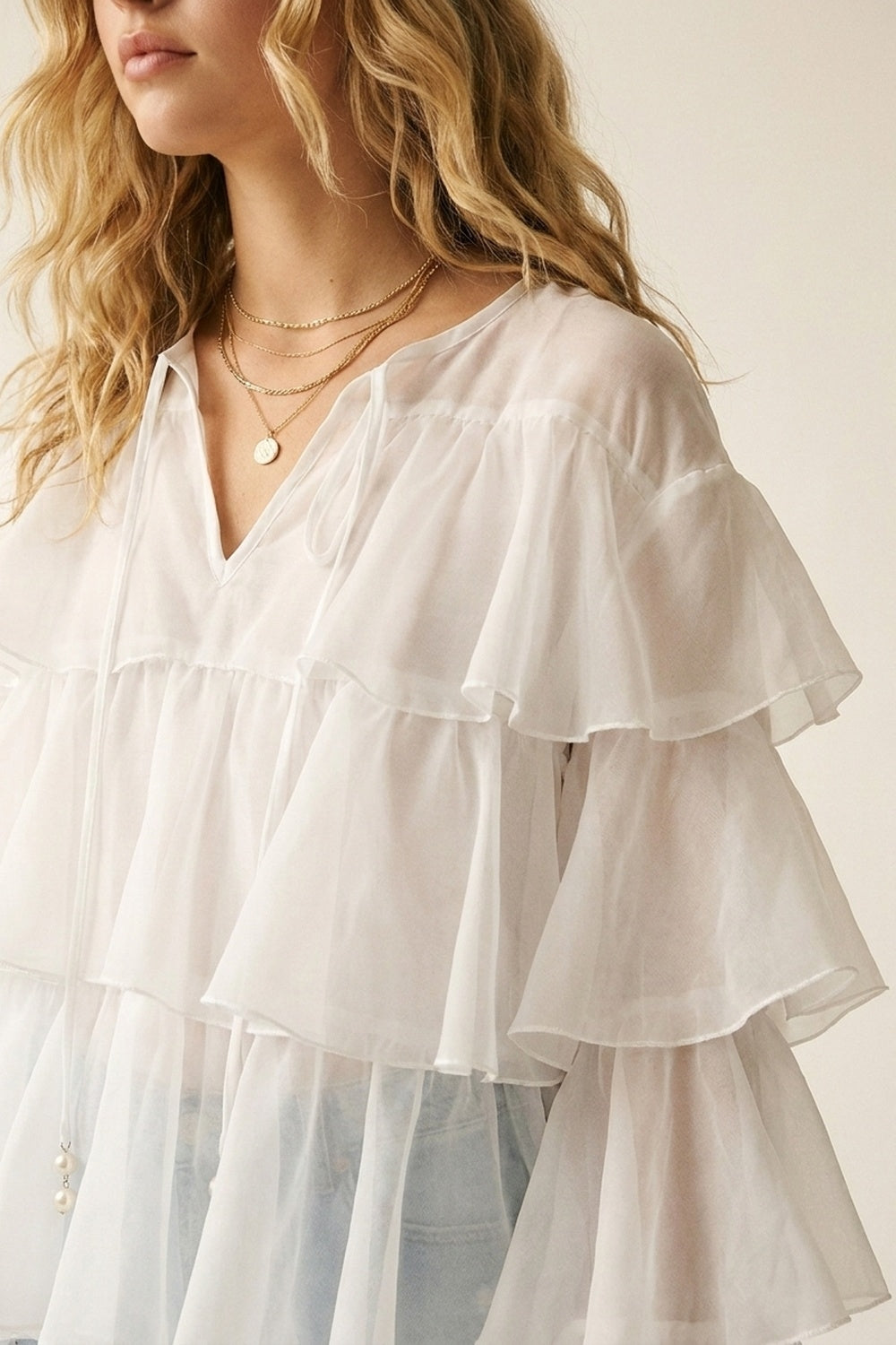 White Tiered Ruffle Peplum Blouse with Tie Neck