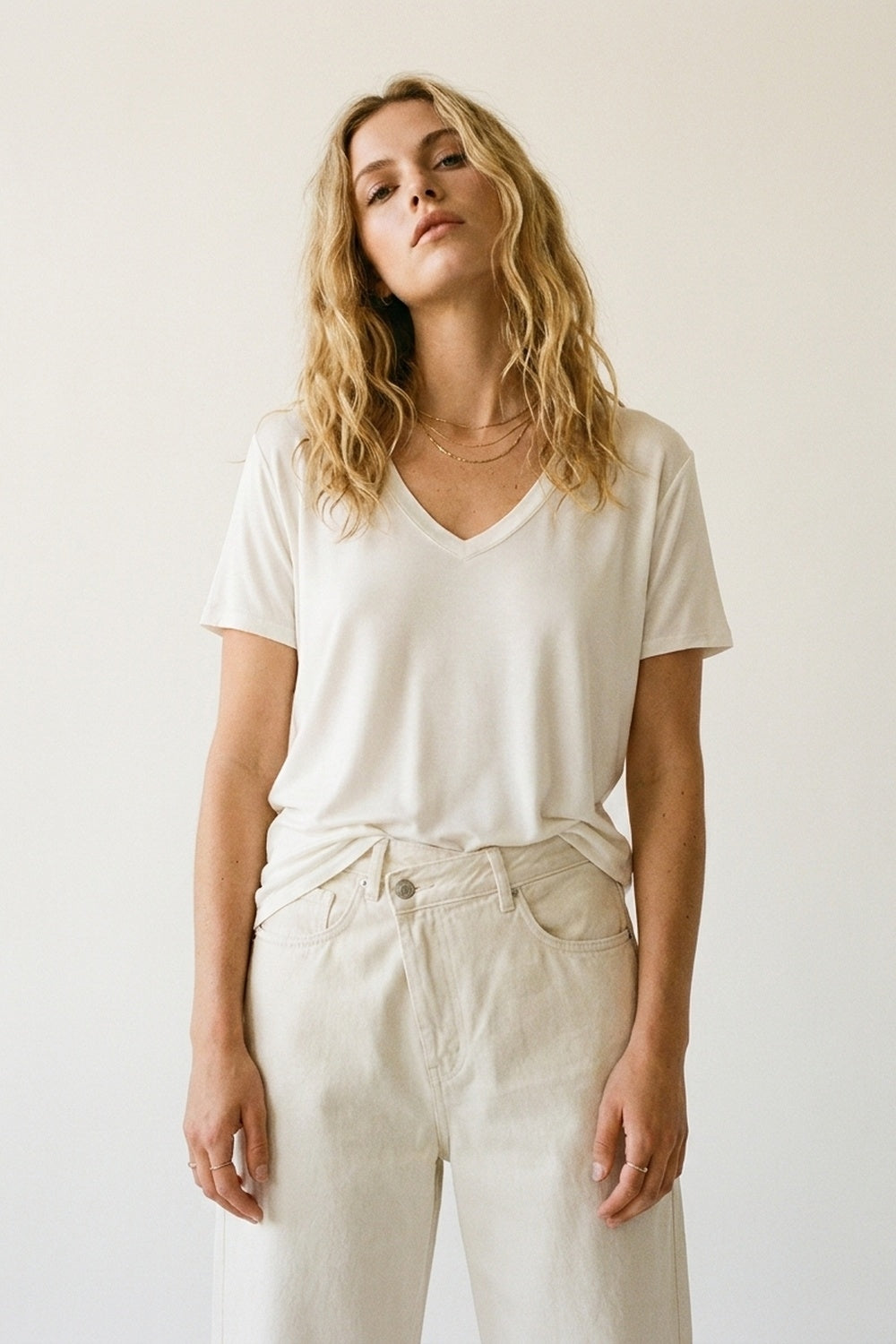 White Soft wide V-Neck t-shirt in viscose fabric