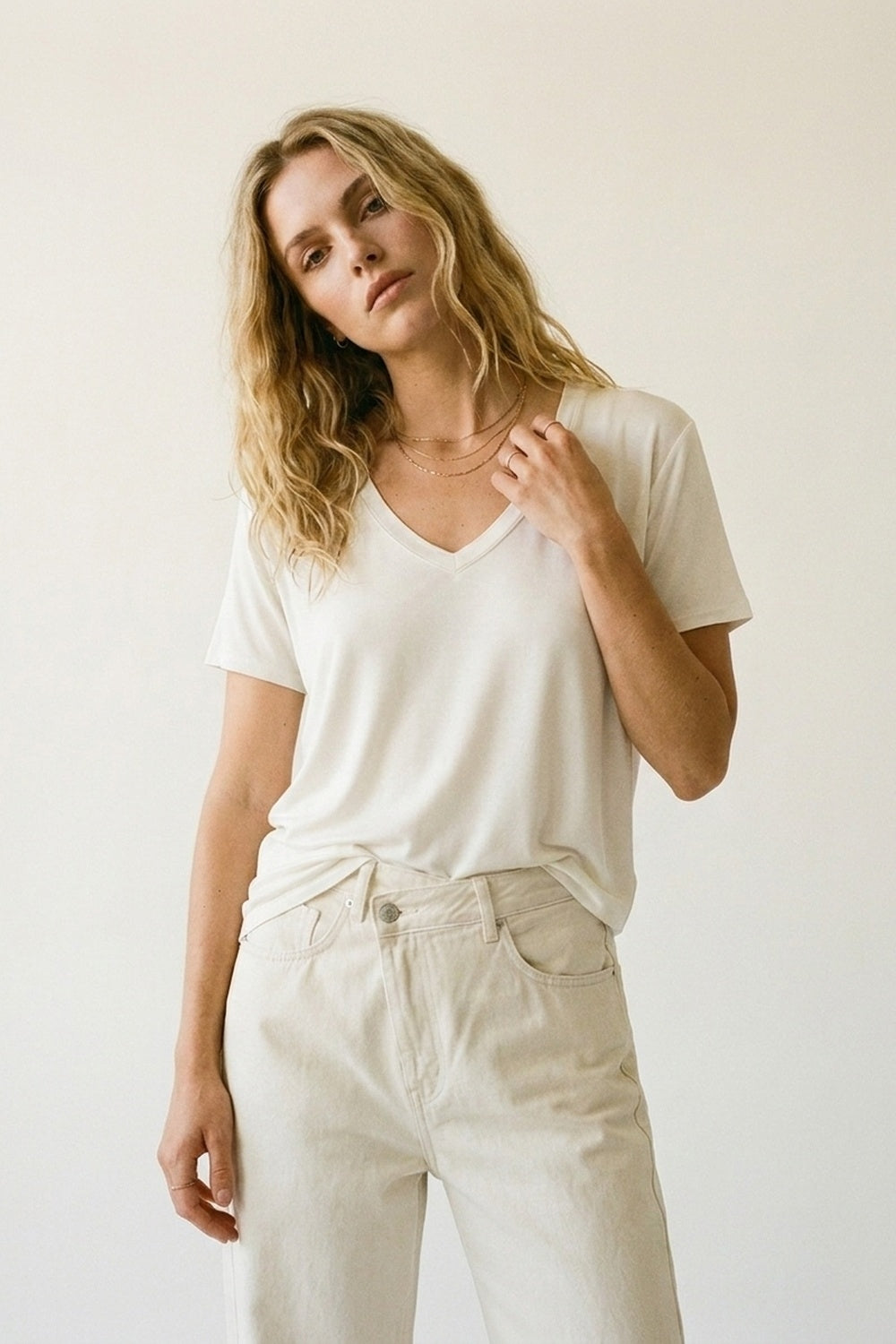 White Soft wide V-Neck t-shirt in viscose fabric