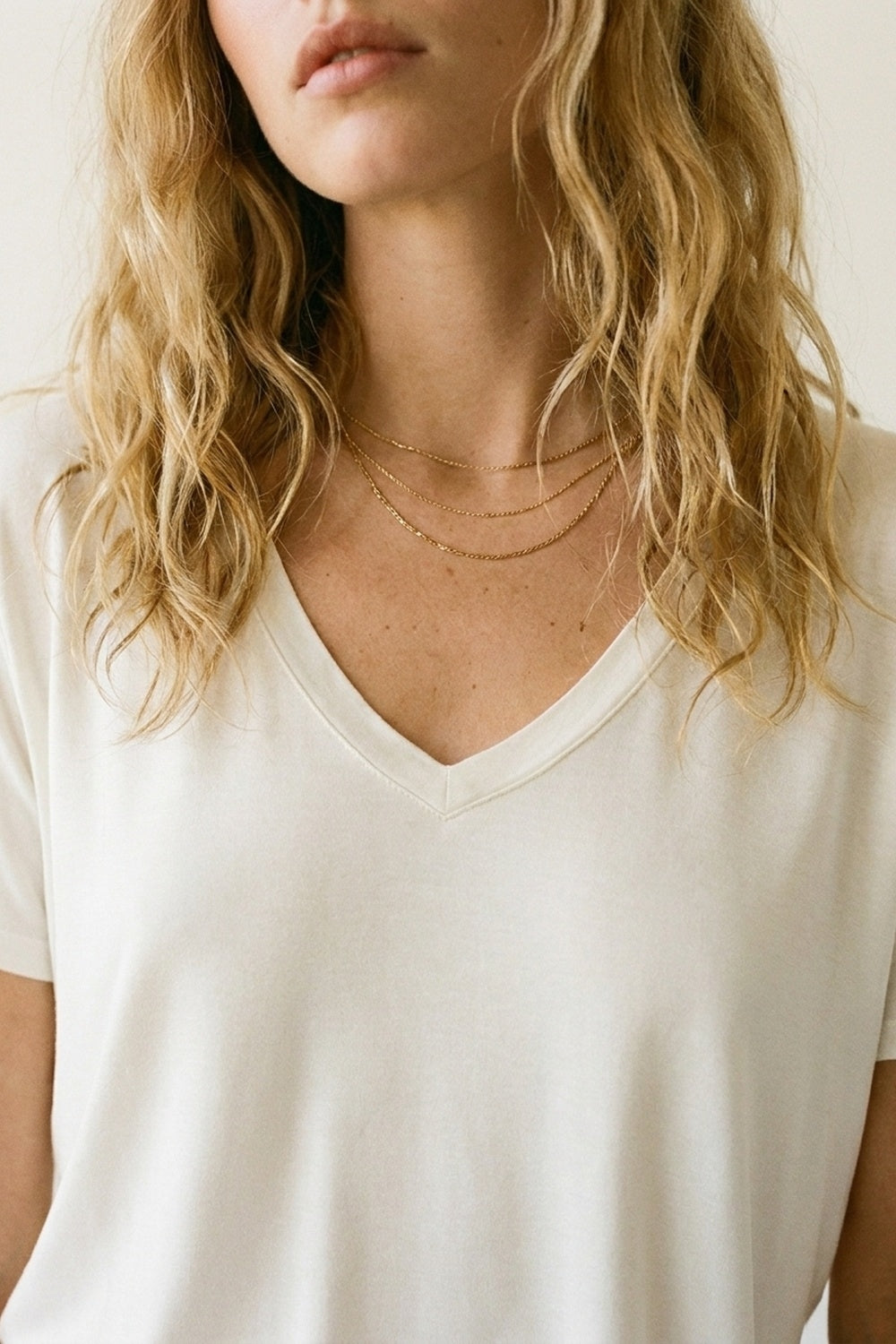 White Soft wide V-Neck t-shirt in viscose fabric
