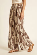 Cream and Brown Printed Wide-Leg Palazzo Pants with ankle lenght