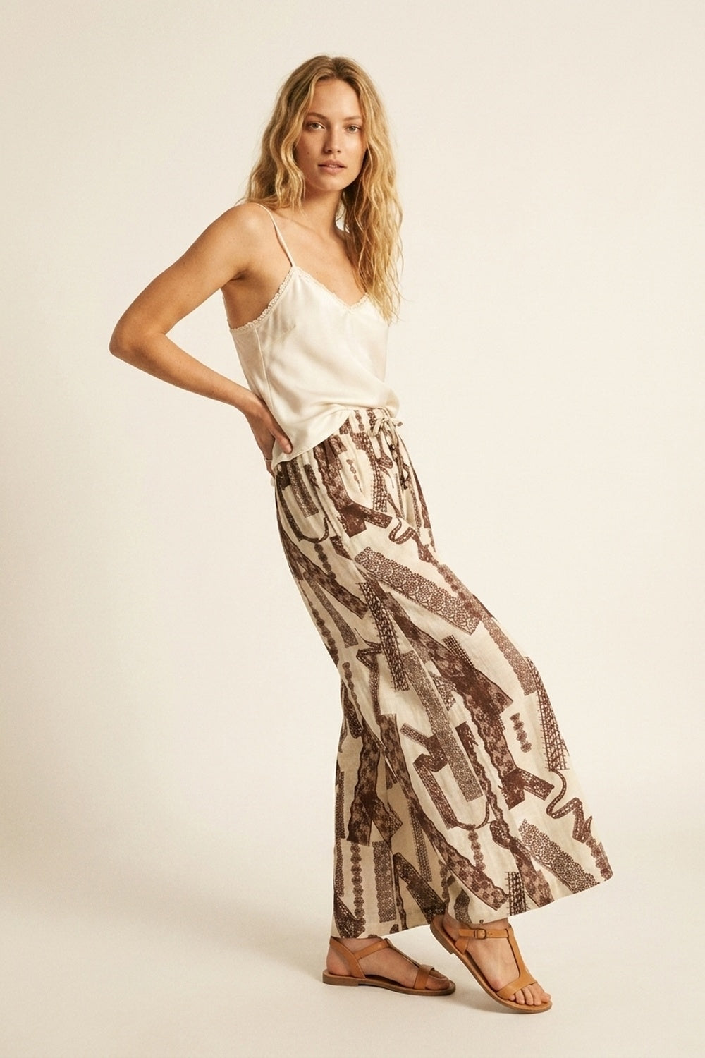 Cream and Brown Printed Wide-Leg Palazzo Pants with ankle lenght