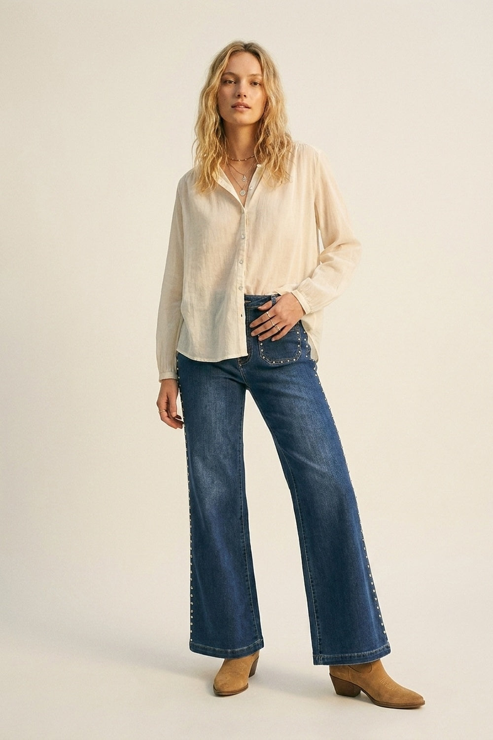 mid wash blue Flare-Leg Denim Jeans with Side Stud Detail