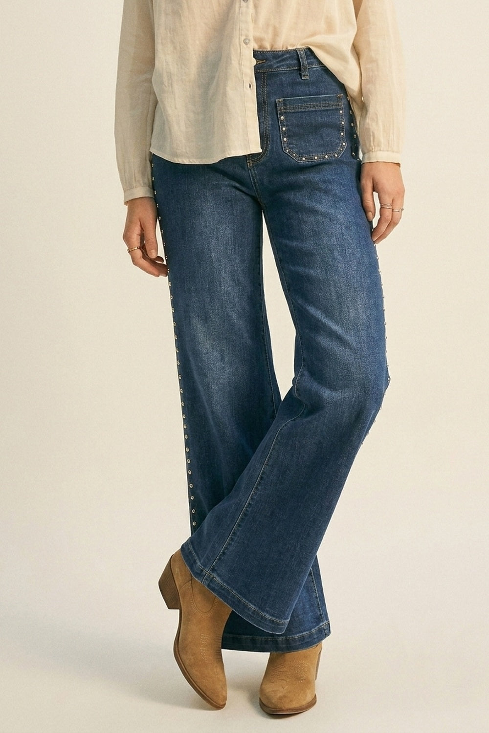 mid wash blue Flare-Leg Denim Jeans with Side Stud Detail