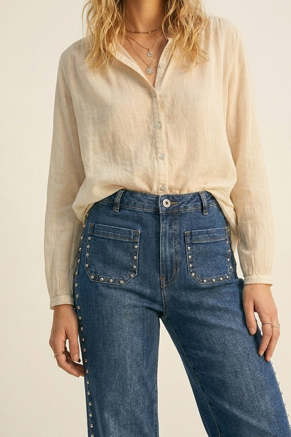 mid wash blue Flare-Leg Denim Jeans with Side Stud Detail