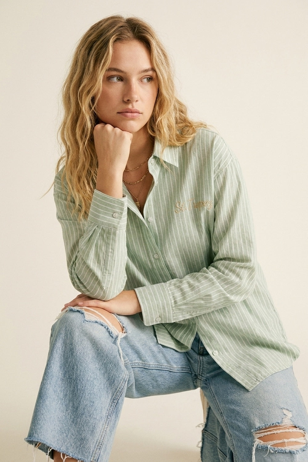 Light Green Striped Shirt with embroidered St. Tropez logo