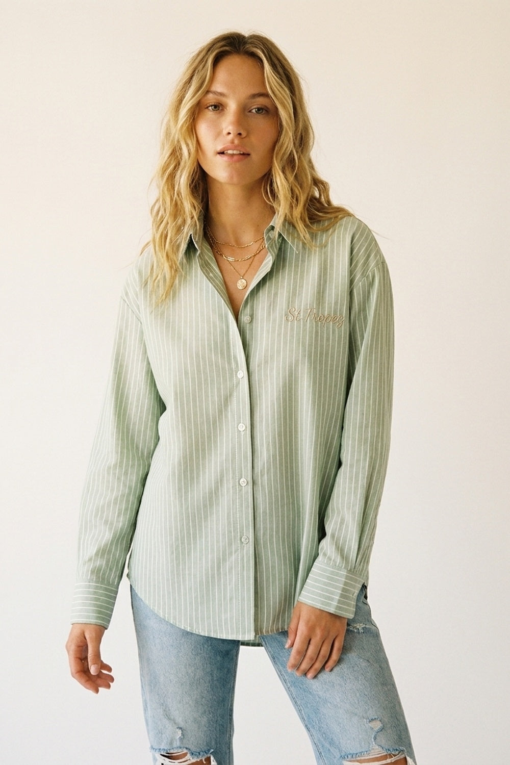 Light Green Striped Shirt with embroidered St. Tropez logo