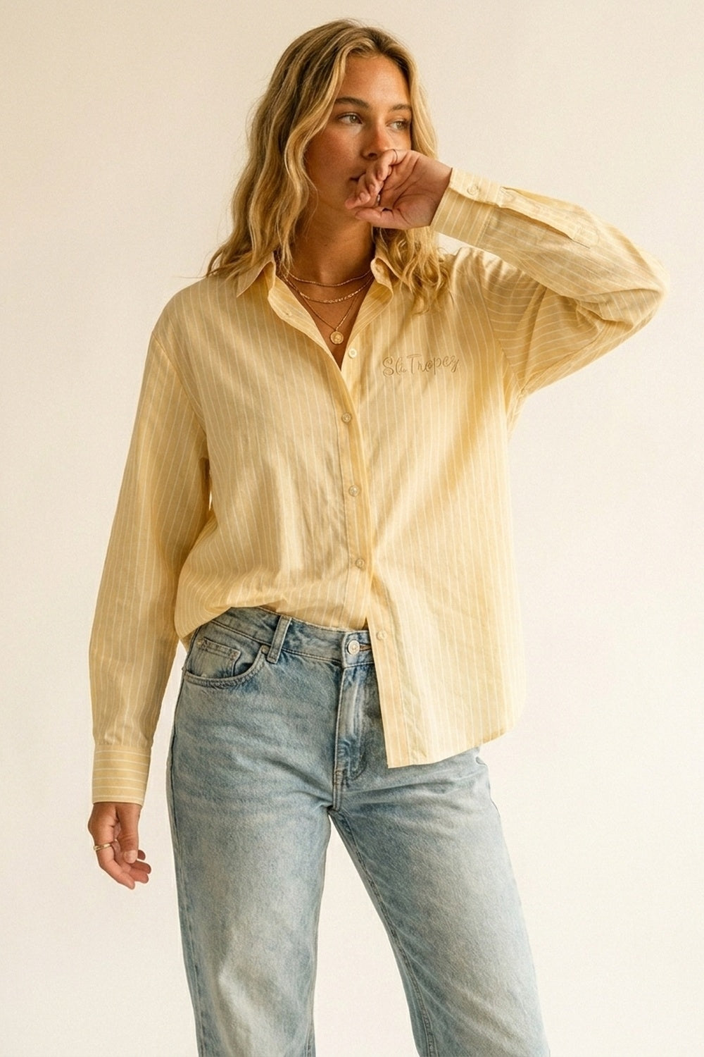 Yellow Pinstripe Button-Up Shirt With Embroidered St.Tropez