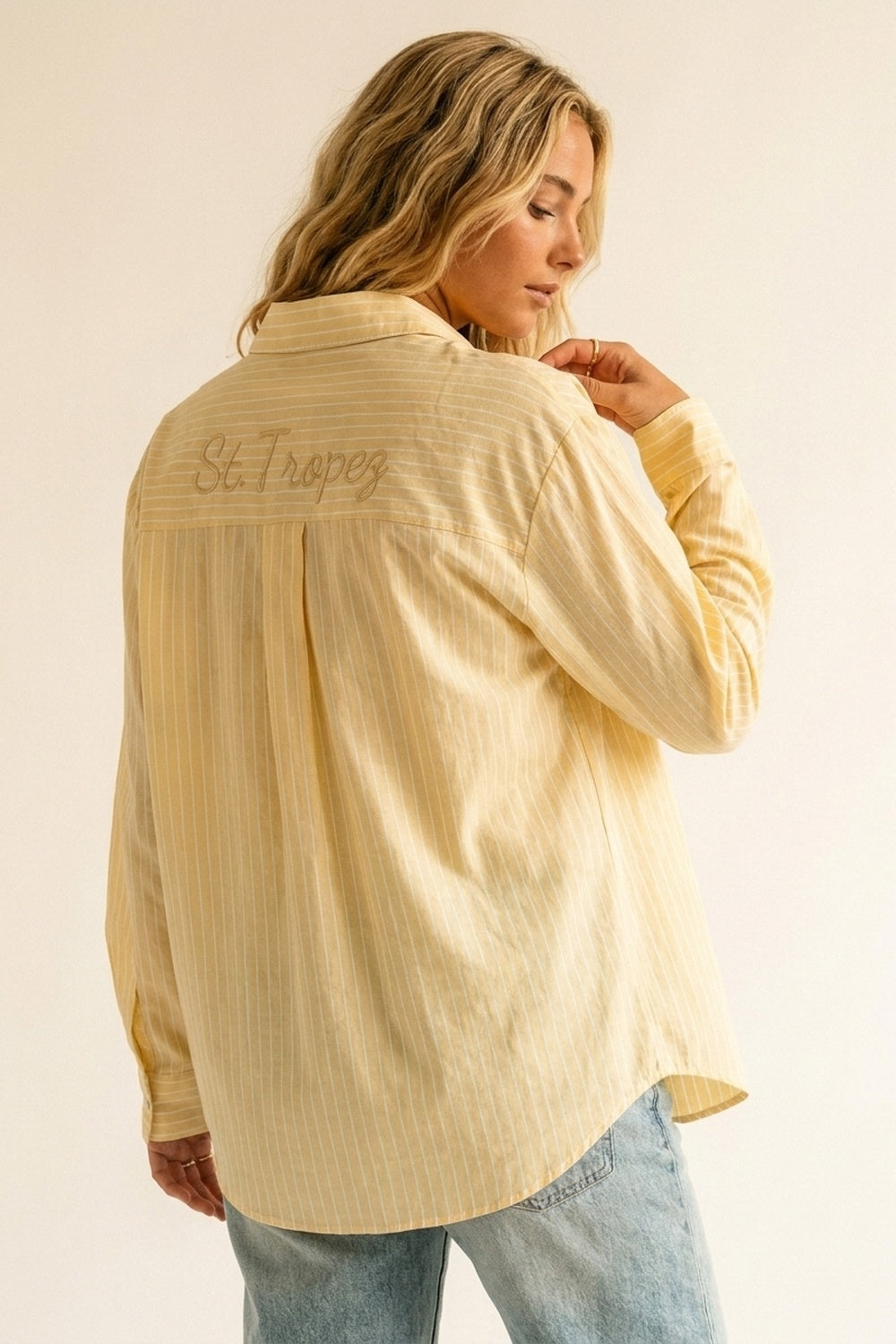Yellow Pinstripe Button-Up Shirt With Embroidered St.Tropez