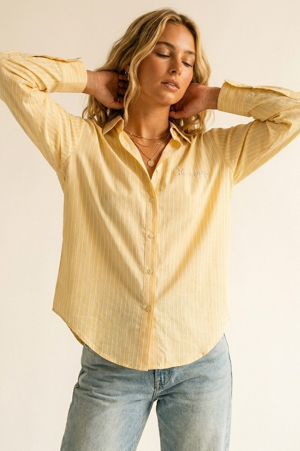 Yellow Pinstripe Button-Up Shirt With Embroidered St.Tropez