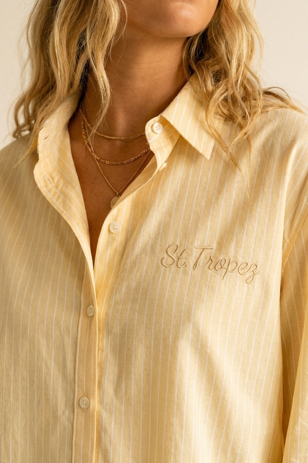 Yellow Pinstripe Button-Up Shirt With Embroidered St.Tropez