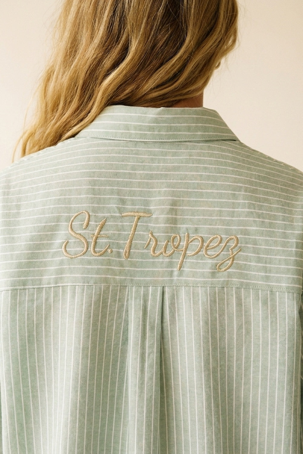 Light Green Striped Shirt with embroidered St. Tropez logo